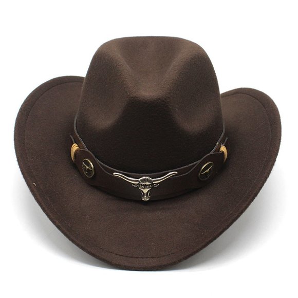 Brown Western Cowboy, Cowgirl Hat, Bull Horns Strap, Men Women Retro Wide Brim - Picture 9 of 10